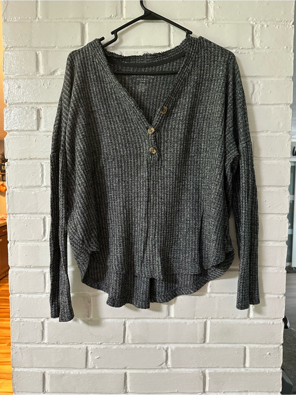 Waffle Knit Henley Long Sleeve Top - Dark Gray